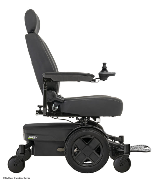 Pride Jazzy EVO 613 SLA power wheelchair, right side profile view, black