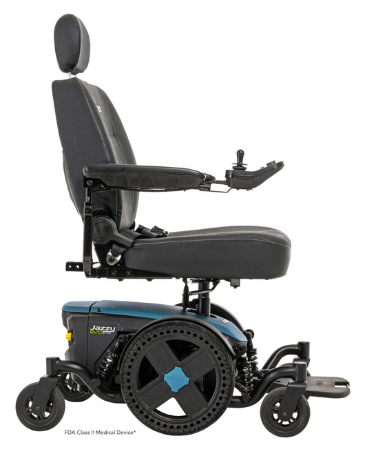 Pride Jazzy EVO 614HD power wheelchair, right side profile view, iceberg blue