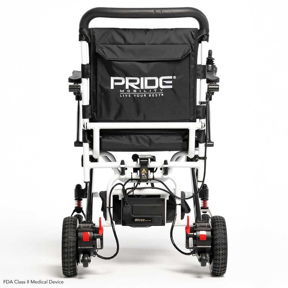 Pride Jazzy Carbon power wheelchair, rear view, white
