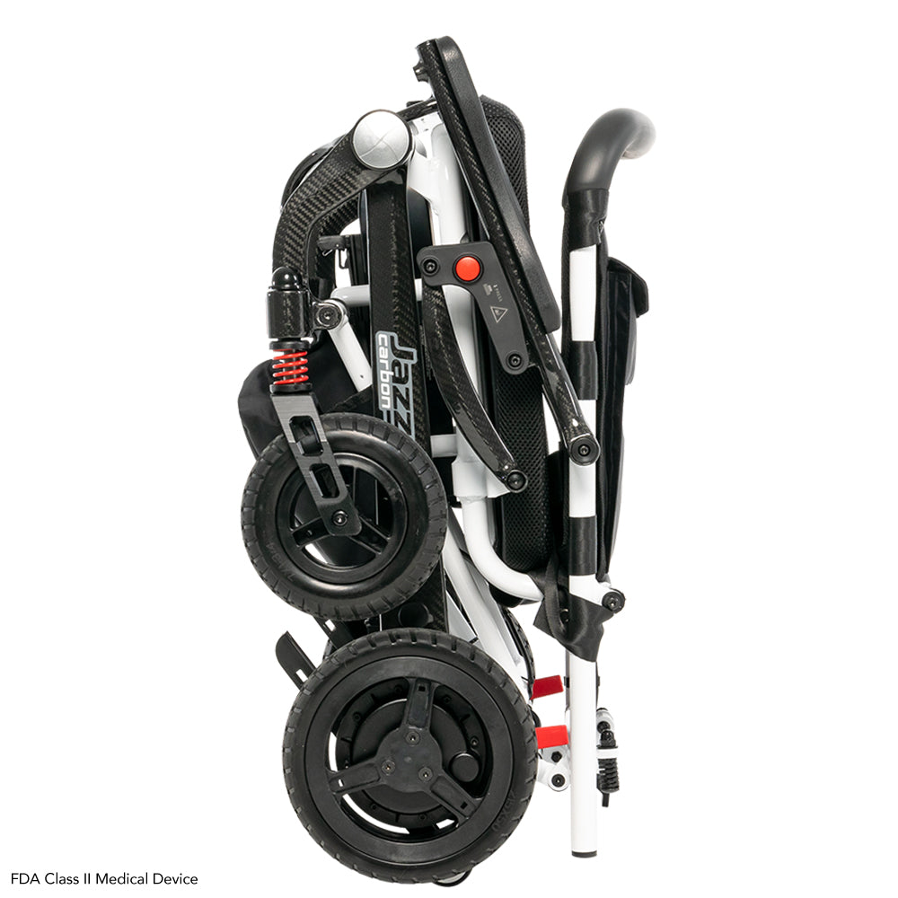 Pride Jazzy Carbon power wheelchair, folded for travel, white