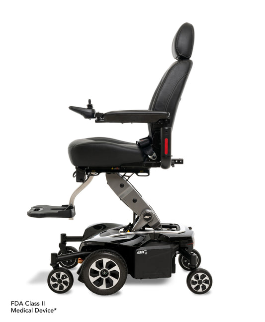 Pride Jazzy Air 2 power wheelchair, left side profile view, onyx black