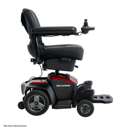 Pride Go-Chair power wheelchair, right side profile view, ruby red
