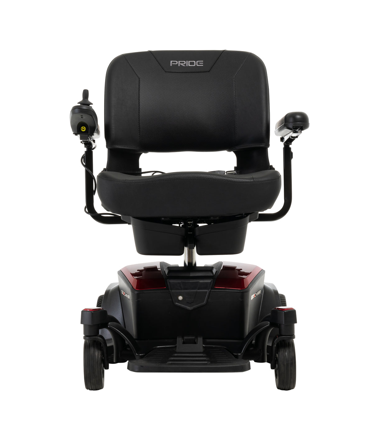 Pride Go-Chair power wheelchair, front profile view, ruby red