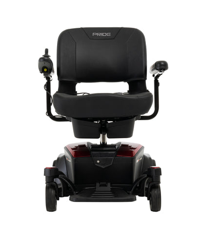 Pride Go-Chair power wheelchair, front profile view, ruby red