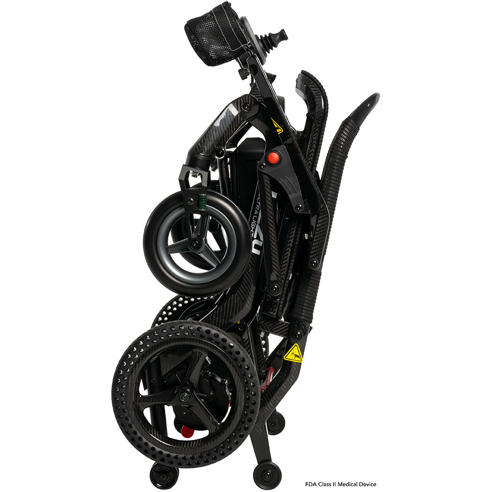 Pride Jazzy Ultra Light power wheelchair, folded profile view