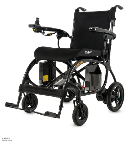 Pride Jazzy Carbon 27X power wheelchair, front 3/4 left quarter view