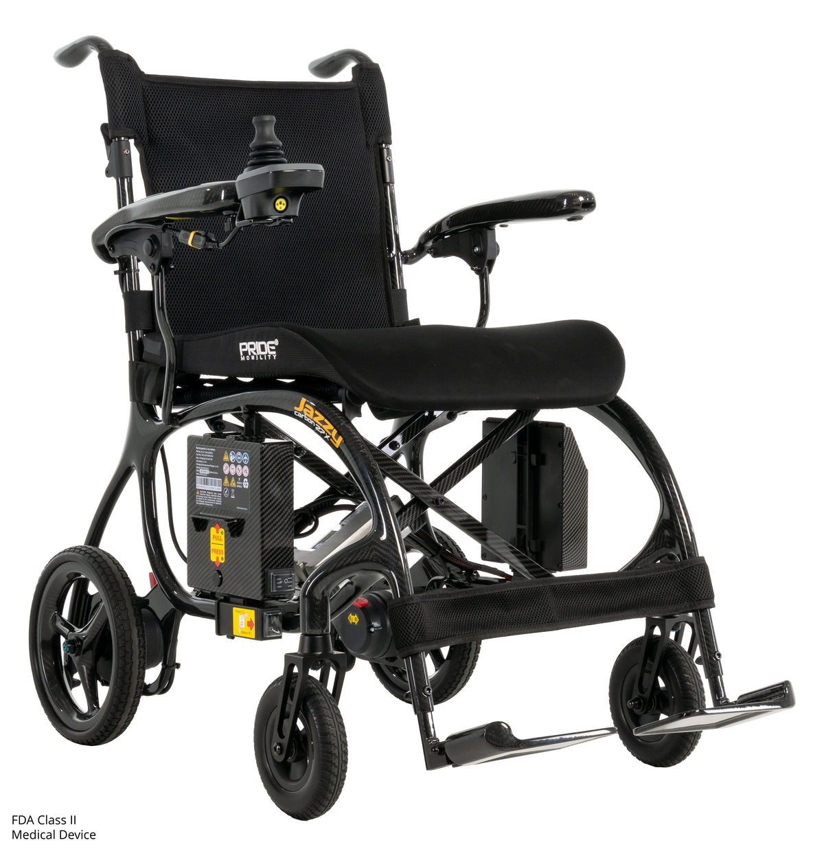 Pride Jazzy Carbon 27X power wheelchair, front 3/4 right quarter view