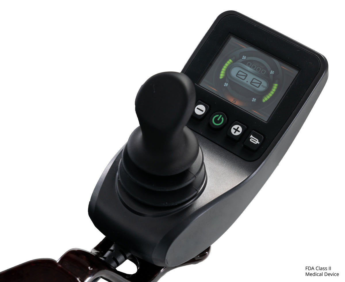 Pride Jazzy Carbon 27 power wheelchair, LCD controller close-up, black cherry