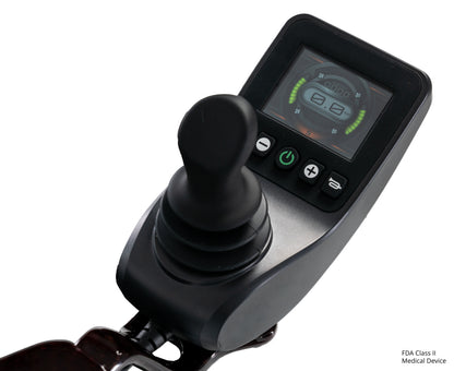 Pride Jazzy Carbon 27 power wheelchair, LCD controller close-up, black cherry