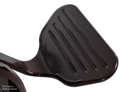 Pride Jazzy Carbon 27 power wheelchair, footplate close-up, black cherry