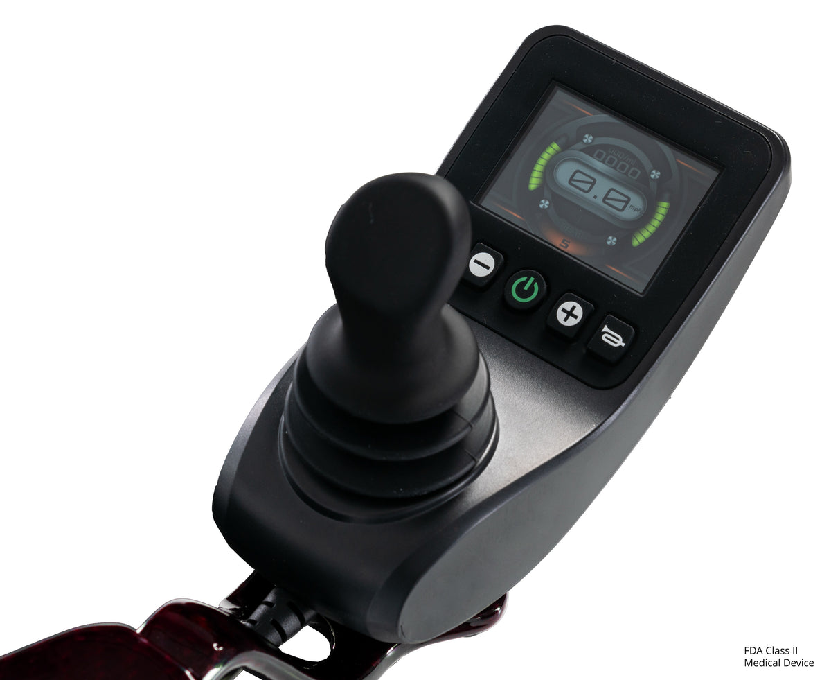 Pride Jazzy Carbon HD power wheelchair, controller close-up, black cherry
