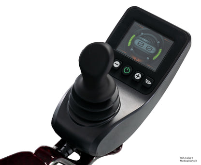 Pride Jazzy Carbon HD power wheelchair, controller close-up, black cherry