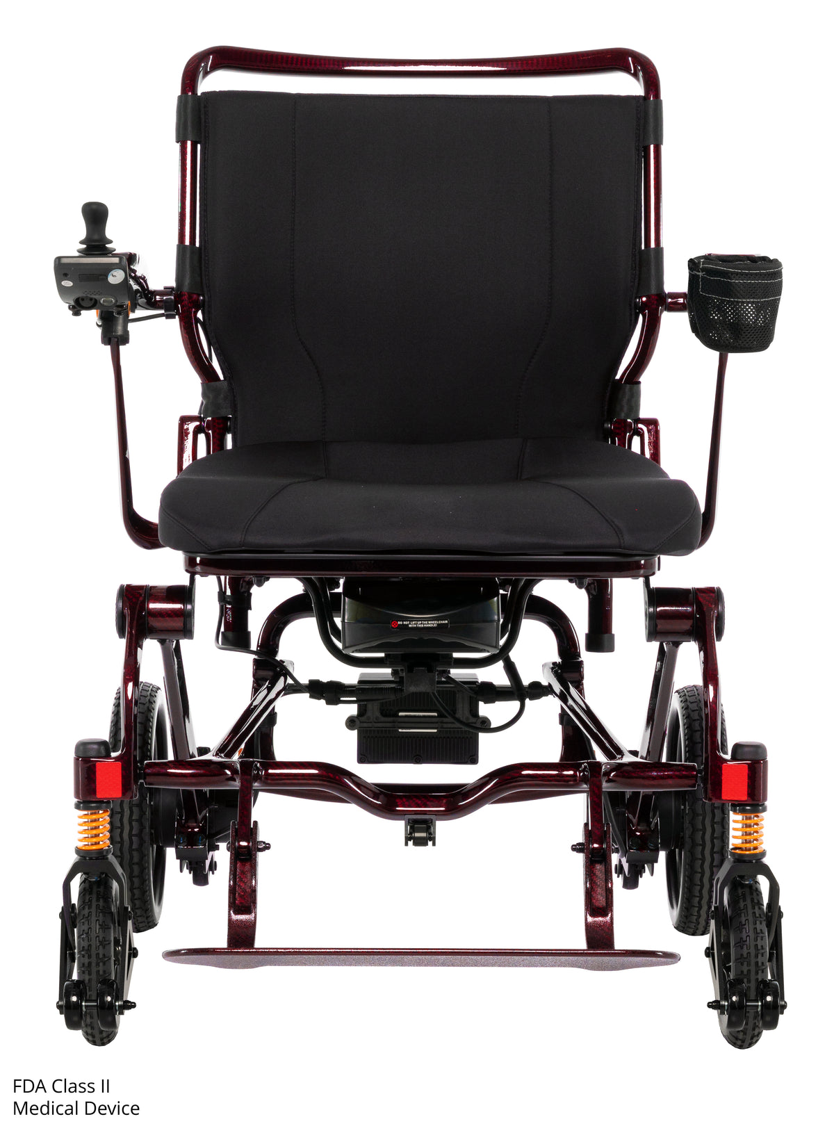 Pride Jazzy Carbon HD power wheelchair, front view, black cherry