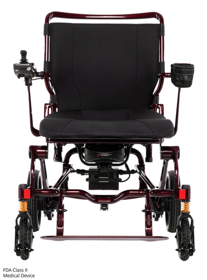 Pride Jazzy Carbon HD power wheelchair, front view, black cherry