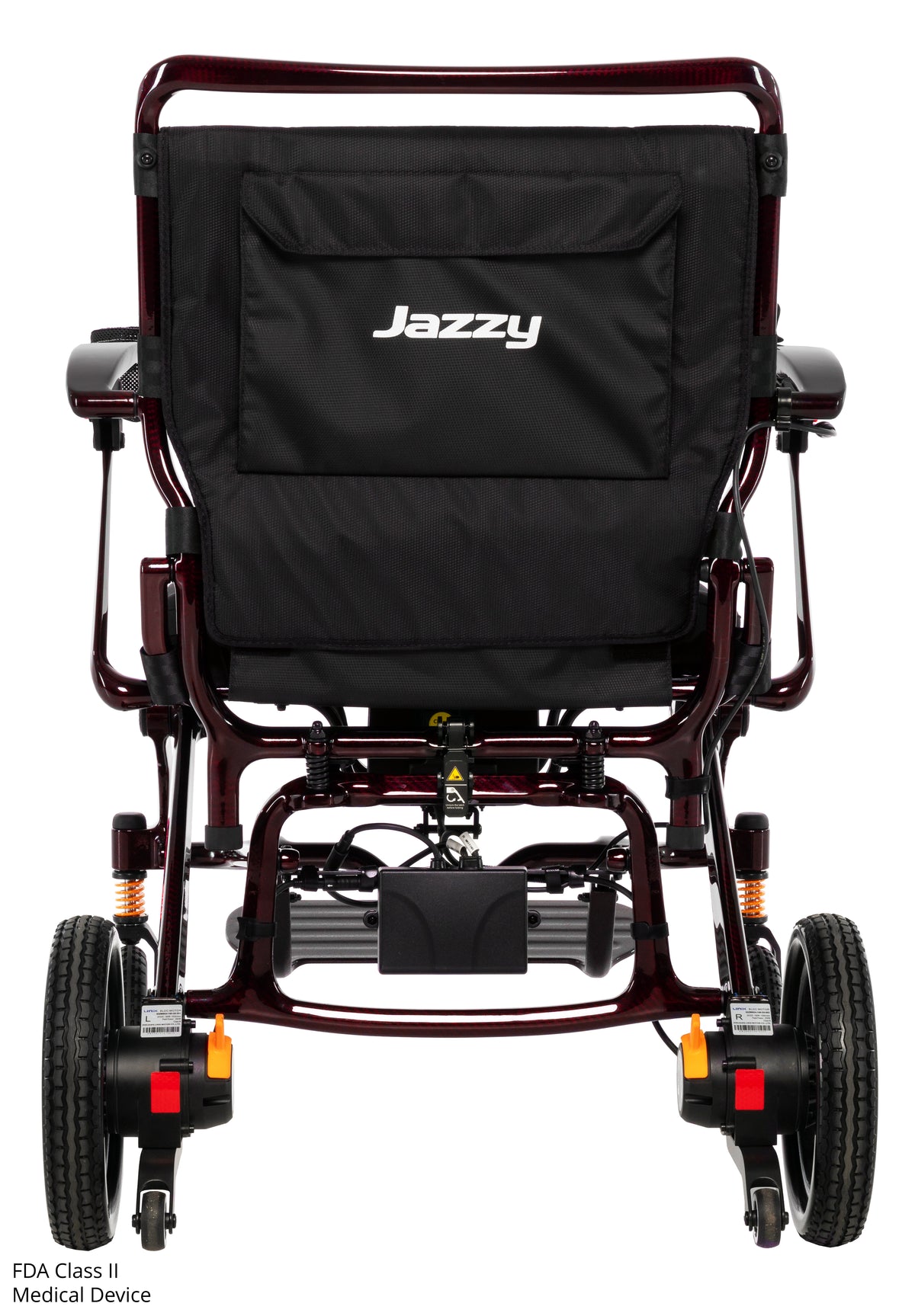 Pride Jazzy Carbon HD power wheelchair, rear view, black cherry
