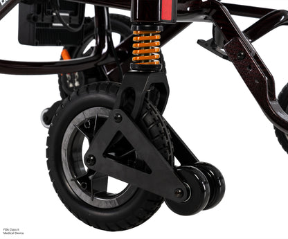 Pride Jazzy Carbon HD power wheelchair, suspension and wheel close-up, black cherry