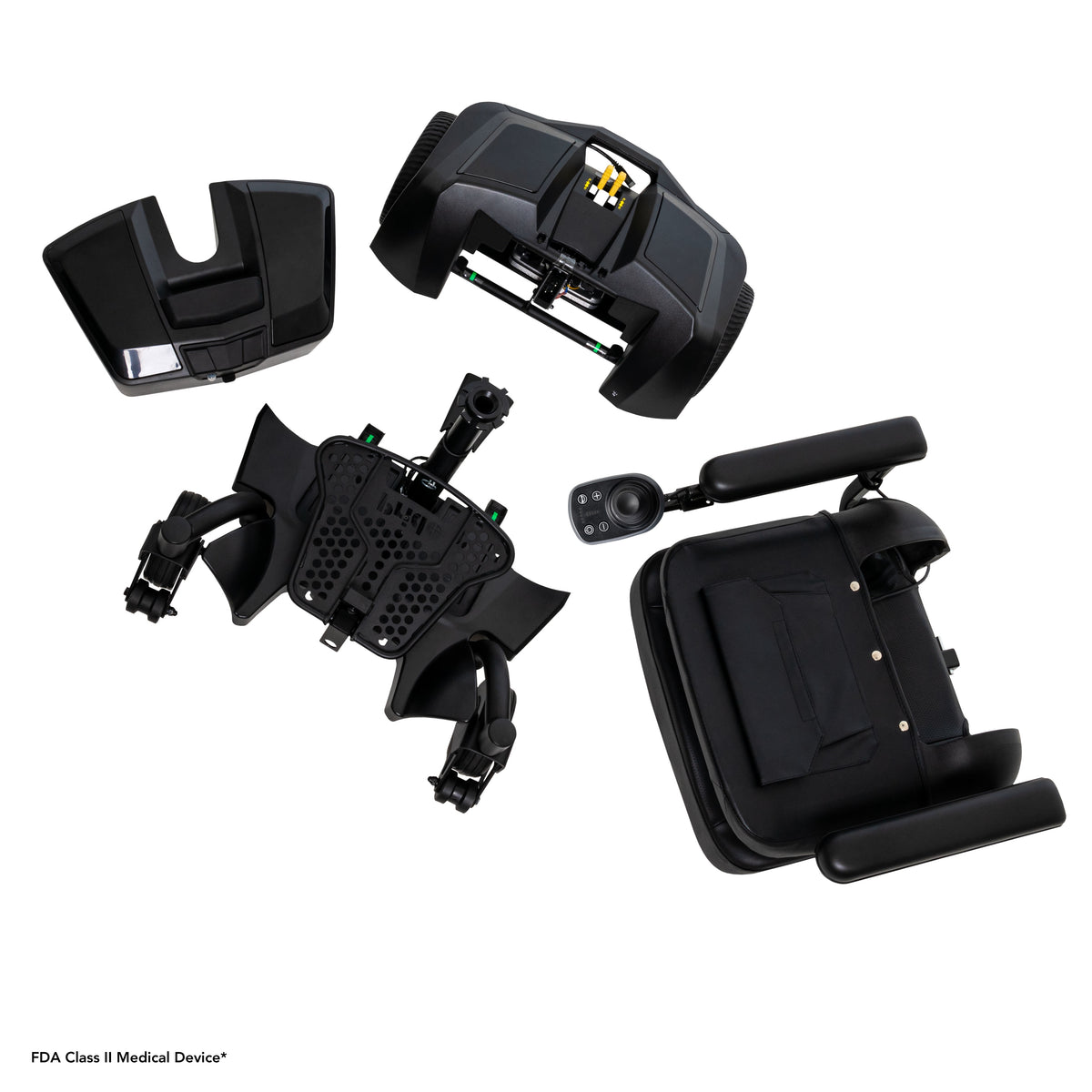 Pride Go-Chair MED power wheelchair, disassembled/breakdown view