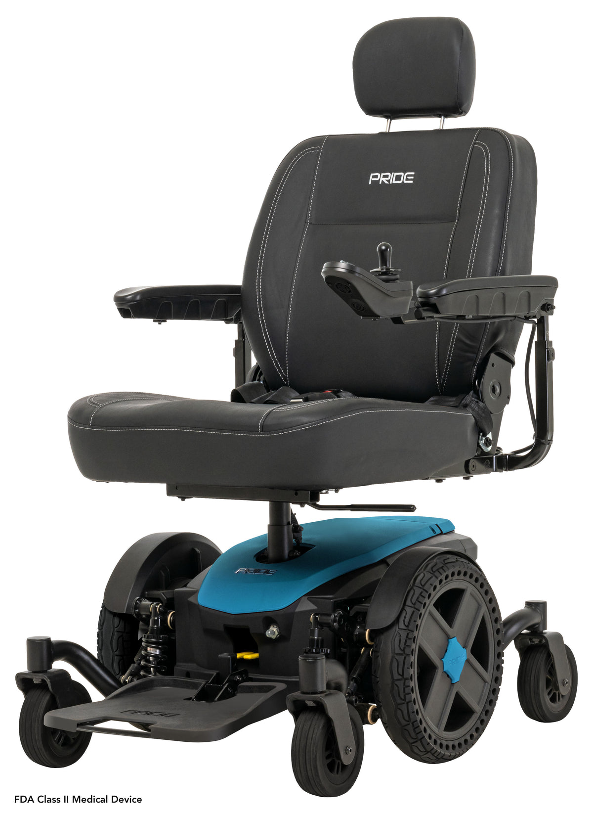 Pride Jazzy EVO 614 power wheelchair, left 3/4 beauty view, iceberg blue