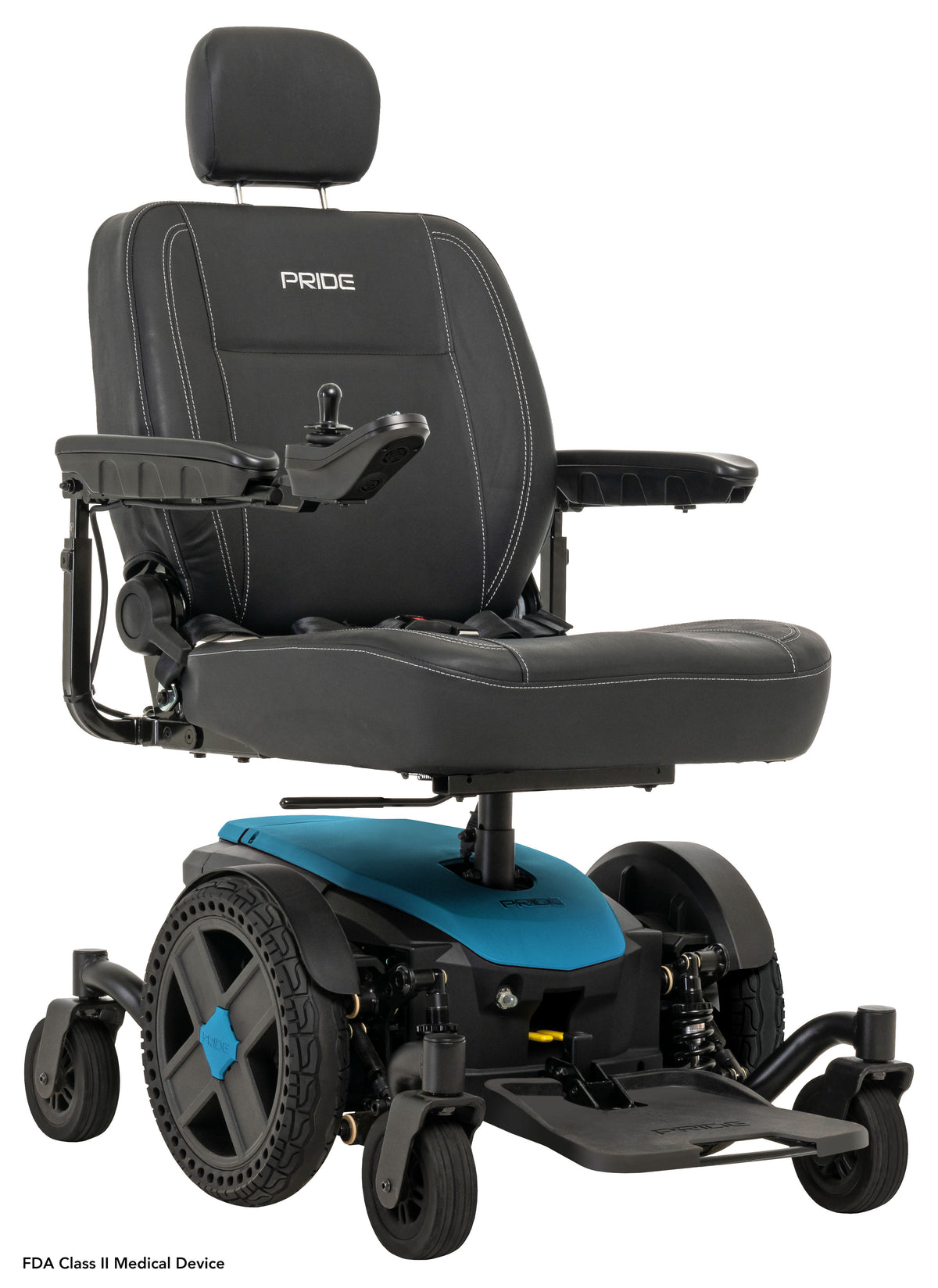 Pride Jazzy EVO 614 power wheelchair, right 3/4 beauty view, iceberg blue