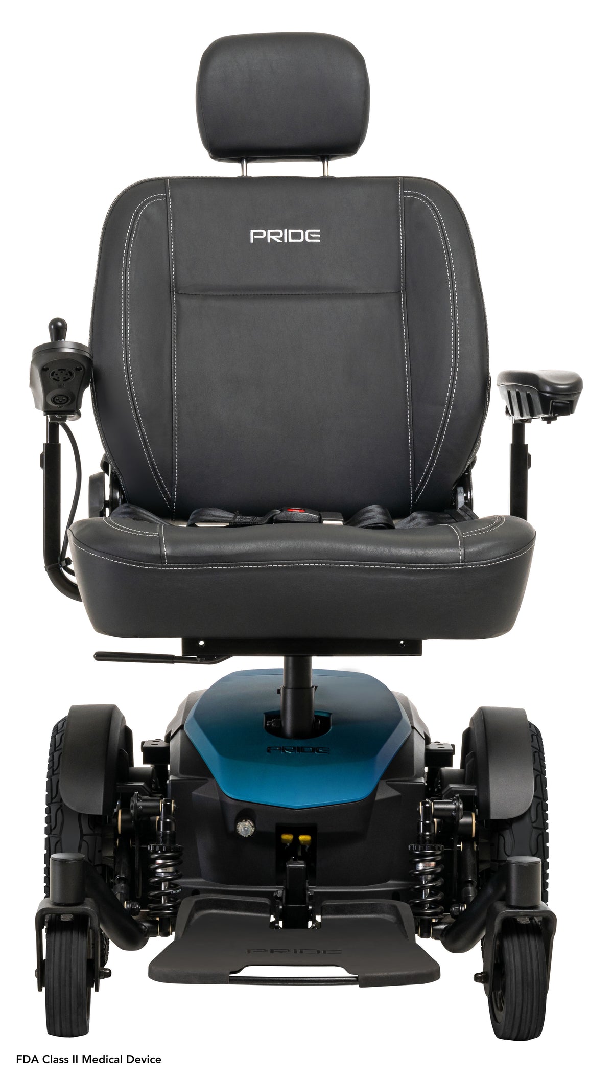 Pride Jazzy EVO 614 power wheelchair, front view, iceberg blue