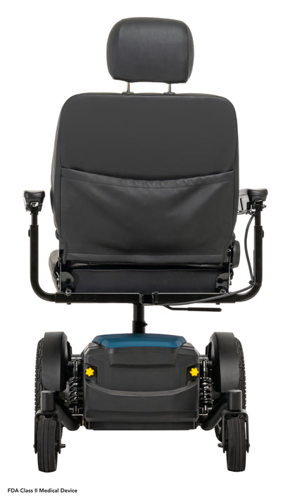 Pride Jazzy EVO 614 power wheelchair, rear view, iceberg blue