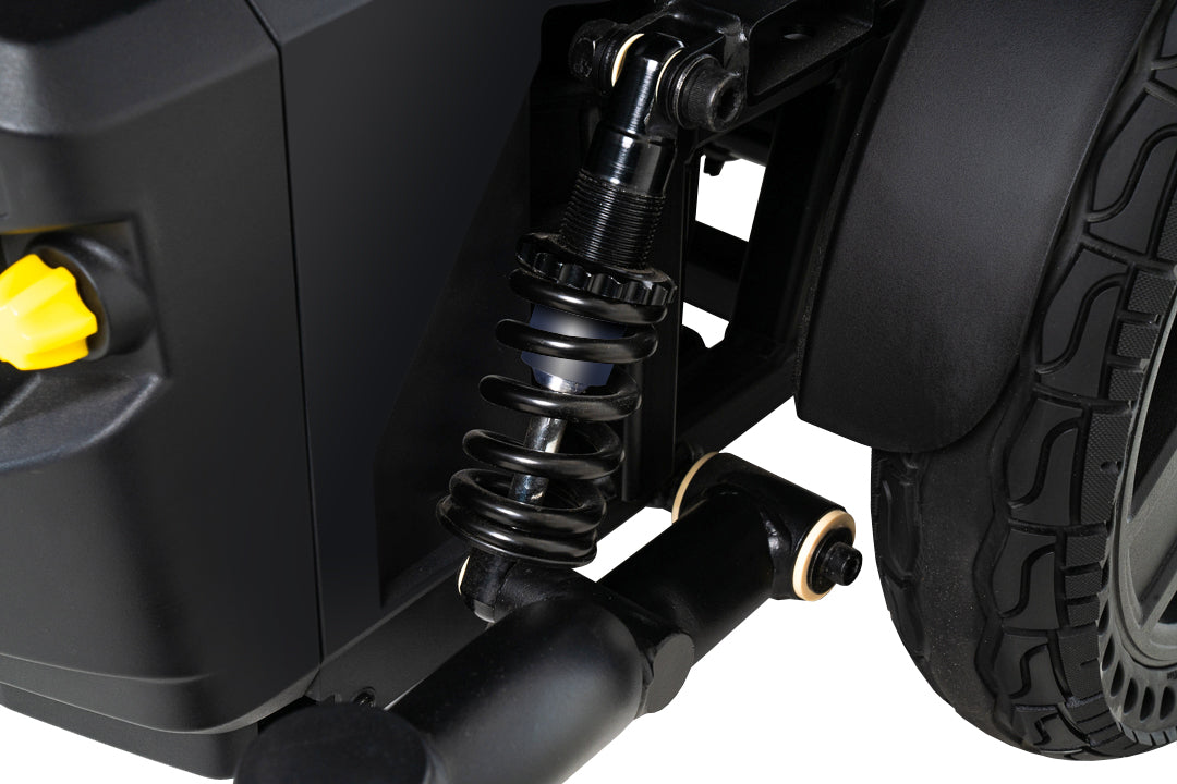 Pride Jazzy EVO 614 power wheelchair, suspension close-up