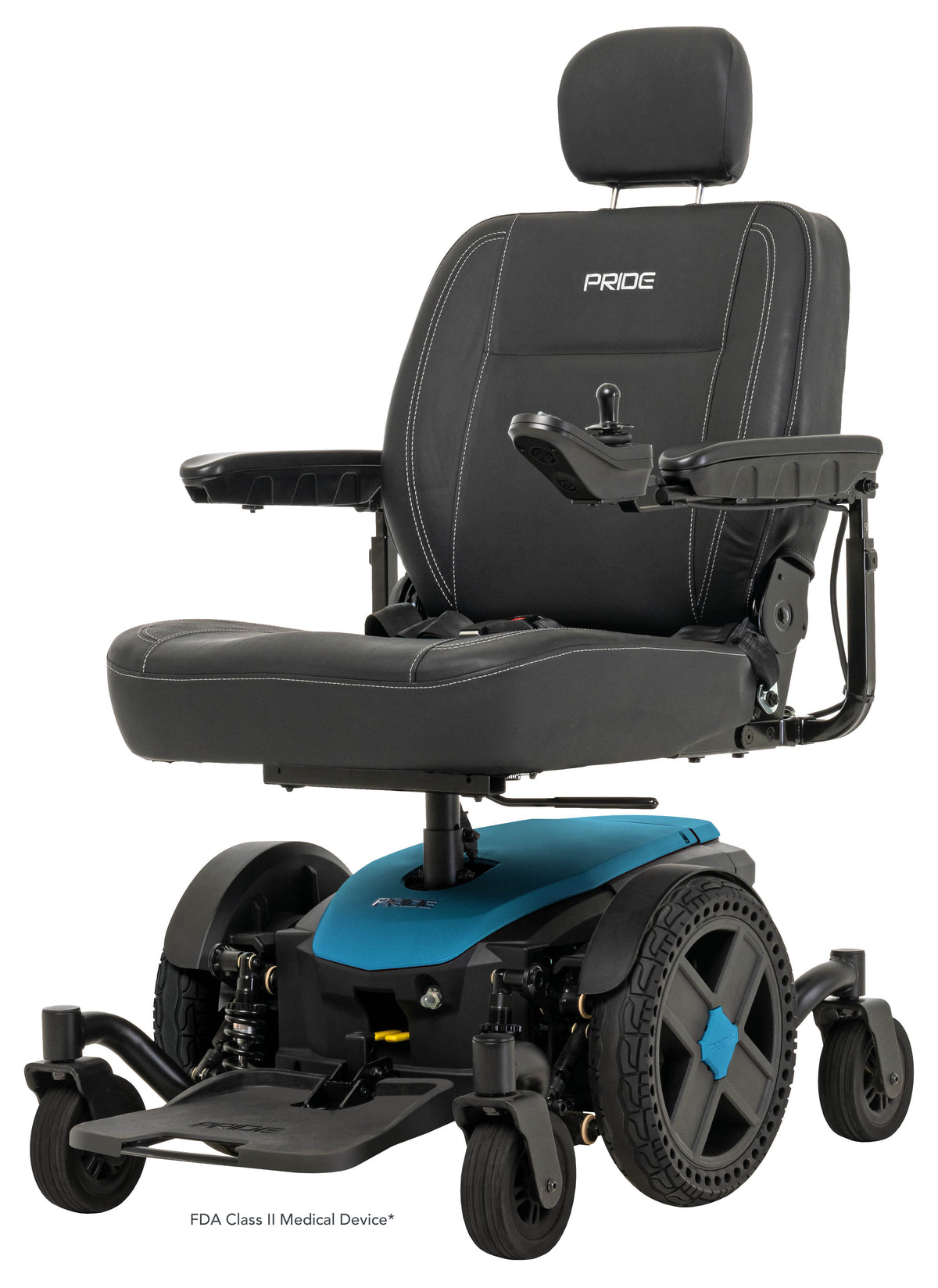 Pride Jazzy EVO 614HD power wheelchair, left 3/4 beauty view, iceberg blue
