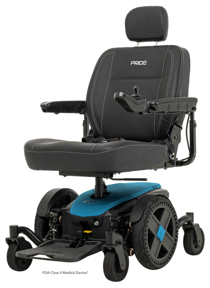 Pride Jazzy EVO 614HD power wheelchair, left 3/4 beauty view, iceberg blue