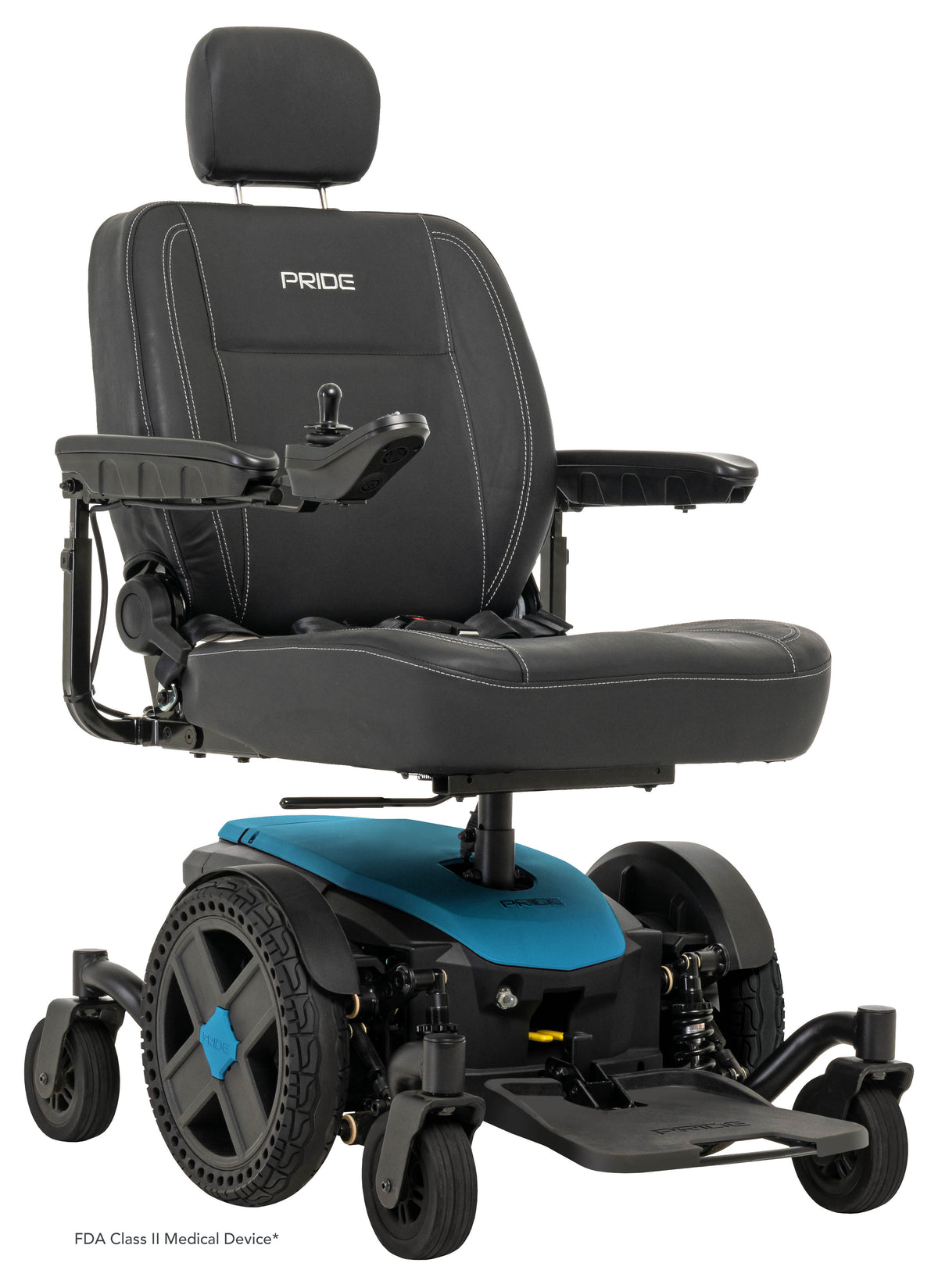 Pride Jazzy EVO 614HD power wheelchair, right 3/4 beauty view, iceberg blue