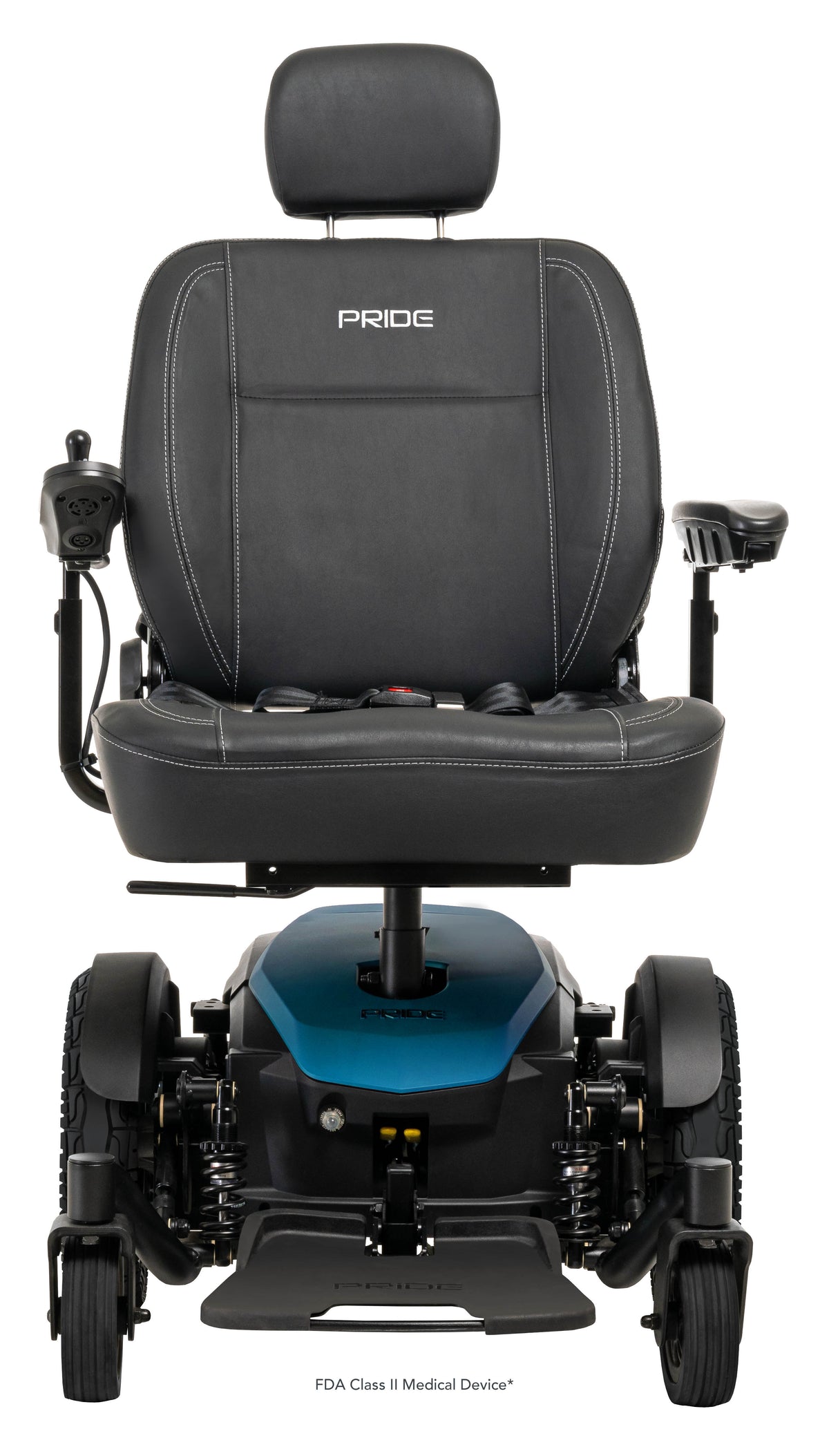Pride Jazzy EVO 614HD power wheelchair, front view, iceberg blue