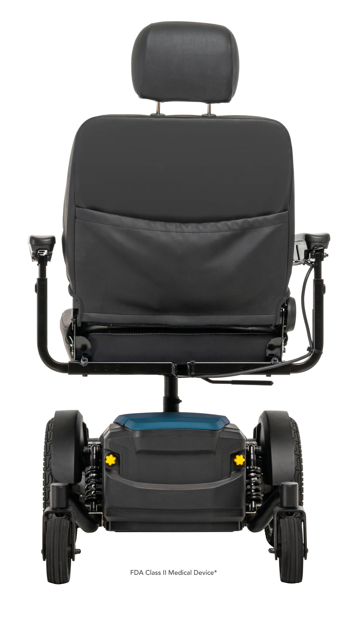 Pride Jazzy EVO 614HD power wheelchair, rear view, iceberg blue