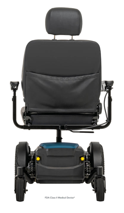 Pride Jazzy EVO 614HD power wheelchair, rear view, iceberg blue