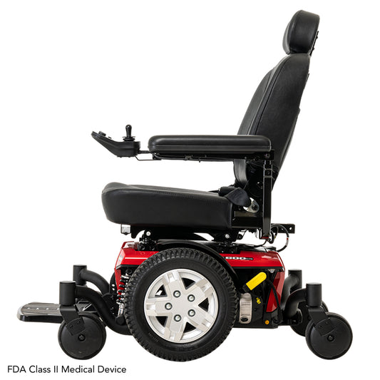 Pride Jazzy 600 ES power wheelchair, left side profile view, red