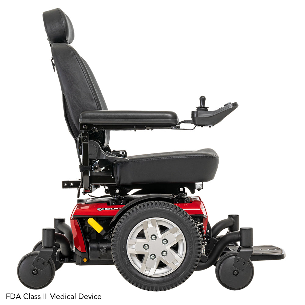Pride Jazzy 600 ES power wheelchair, right side profile view, red