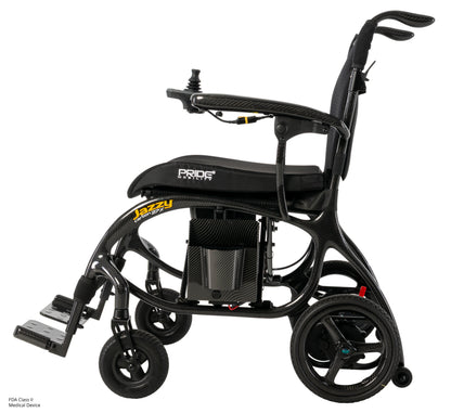 Pride Jazzy Carbon 27X power wheelchair, left side profile view