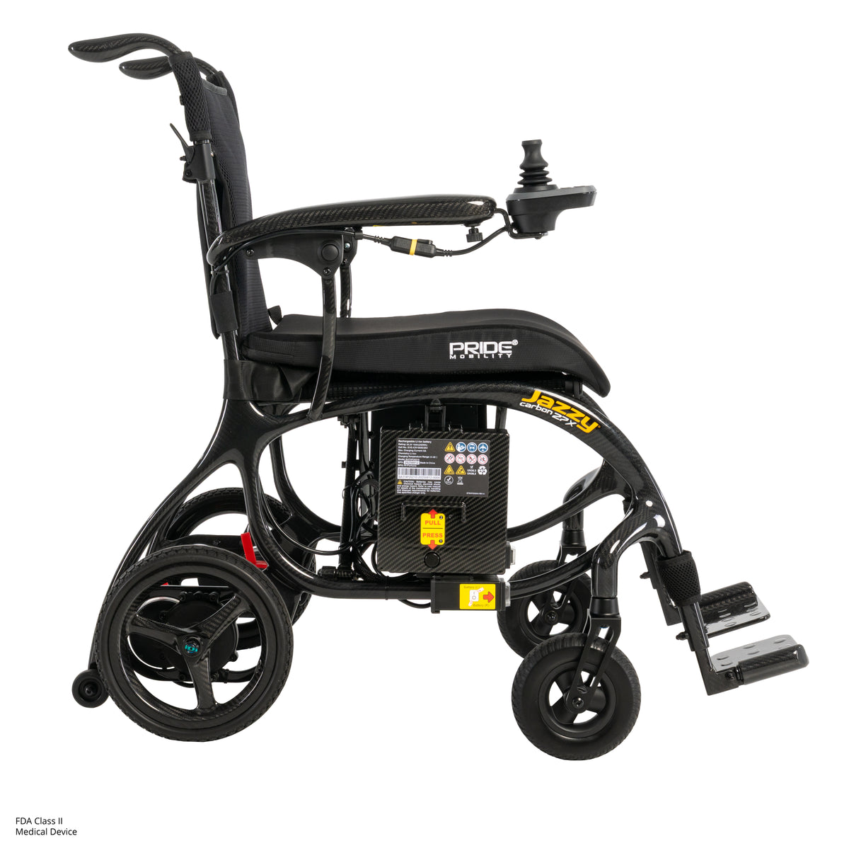 Pride Jazzy Carbon 27X power wheelchair, right side profile view