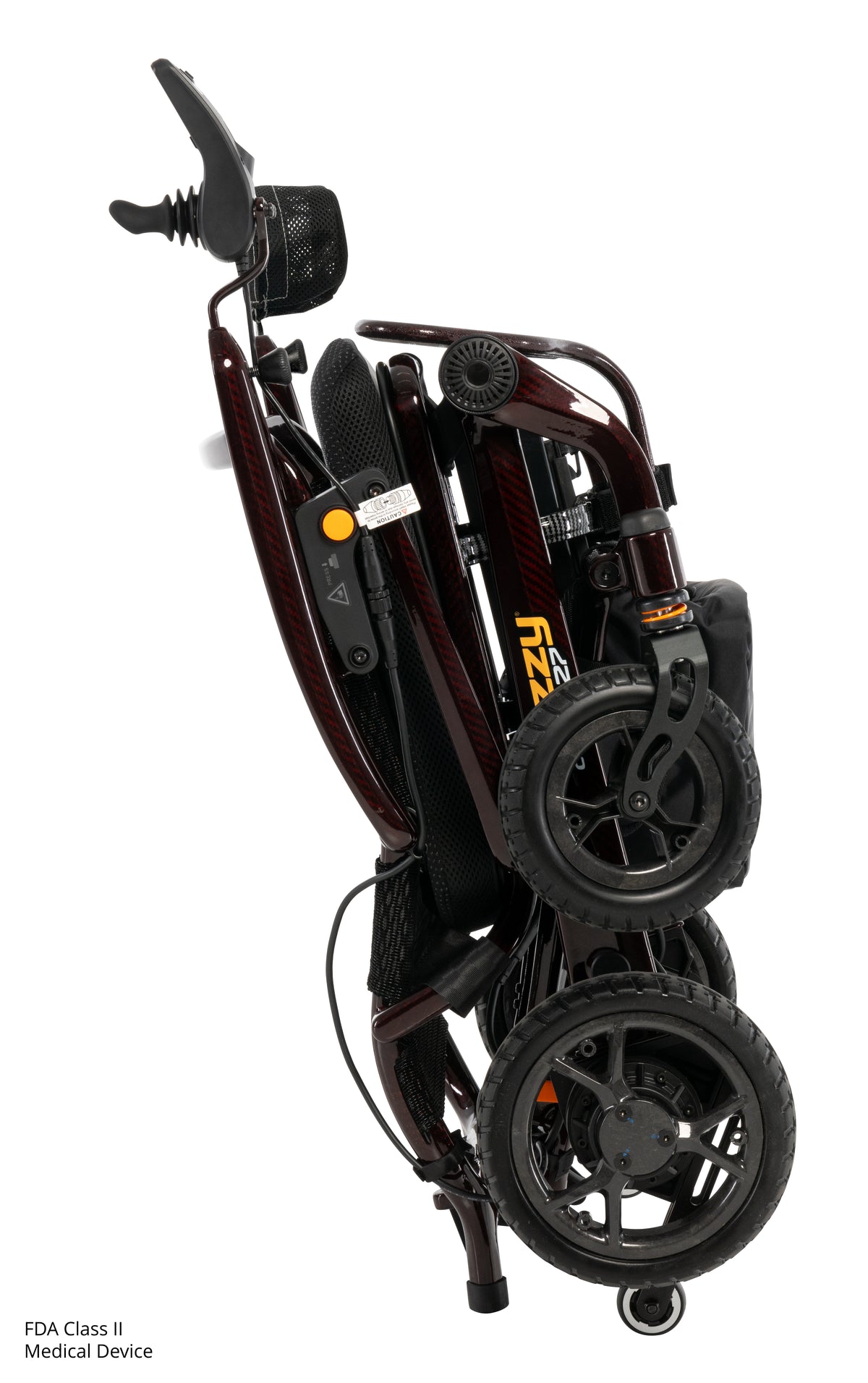 Pride Jazzy Carbon 27 power wheelchair, folded for travel