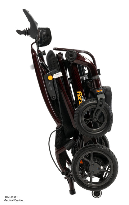 Pride Jazzy Carbon 27 power wheelchair, folded for travel