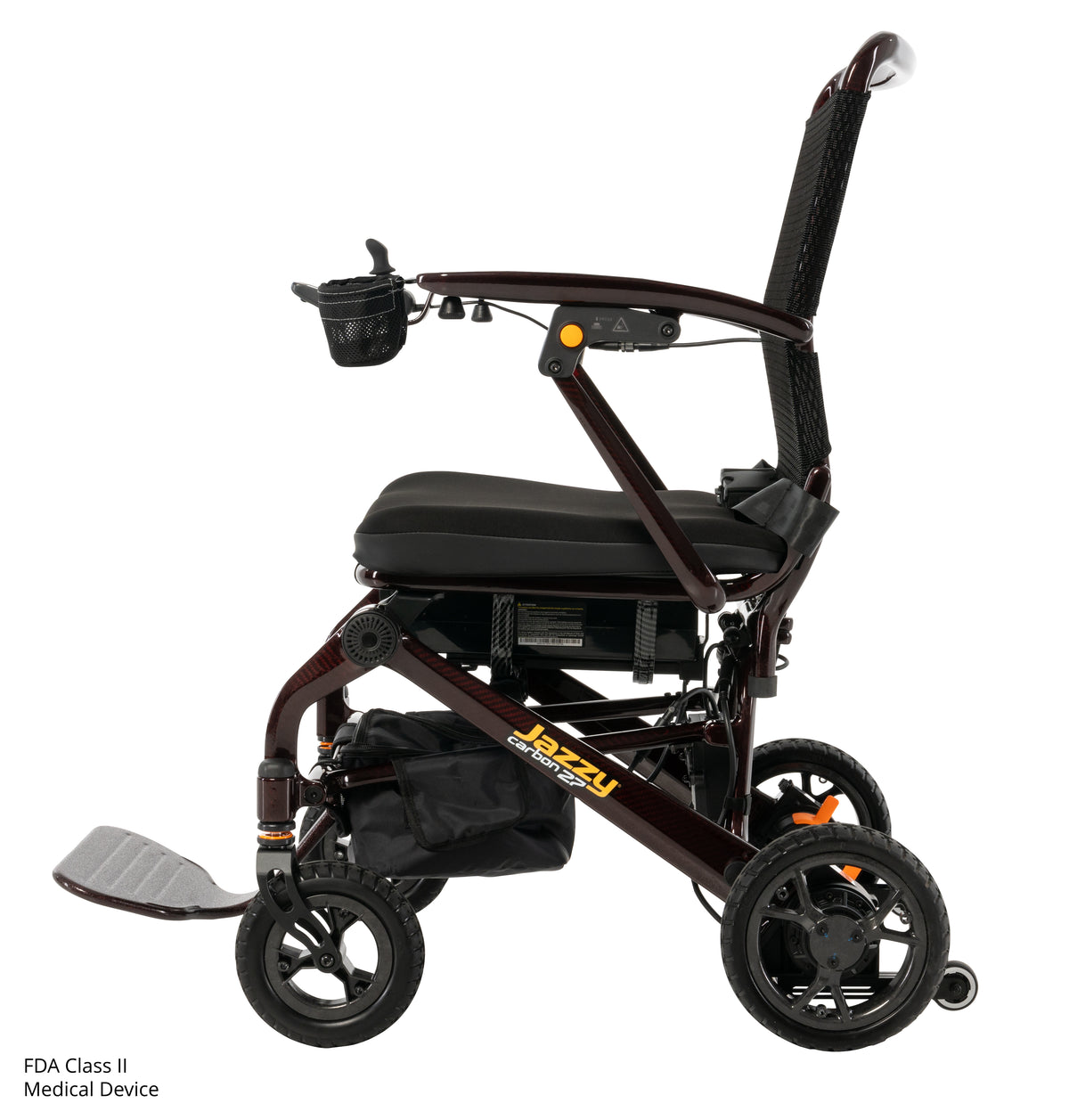 Pride Jazzy Carbon 27 power wheelchair, left side profile view, black cherry