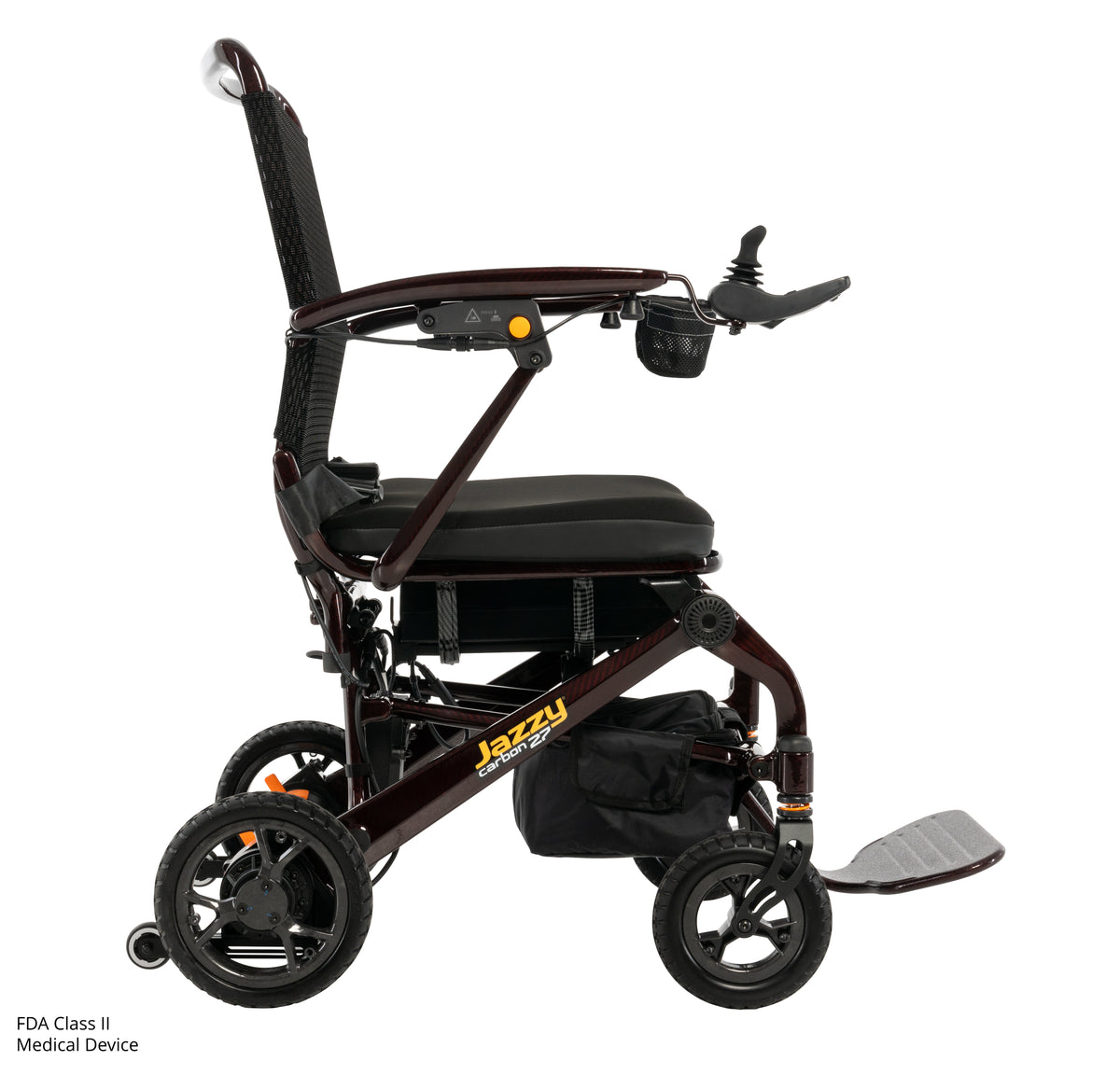 Pride Jazzy Carbon 27 power wheelchair, right side profile view, black cherry