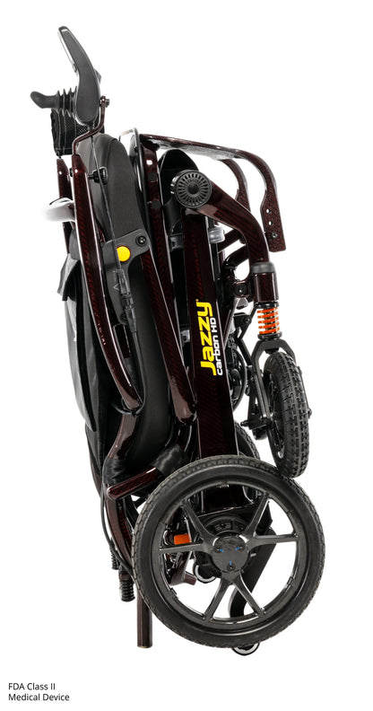 Pride Jazzy Carbon HD power wheelchair, folded for travel