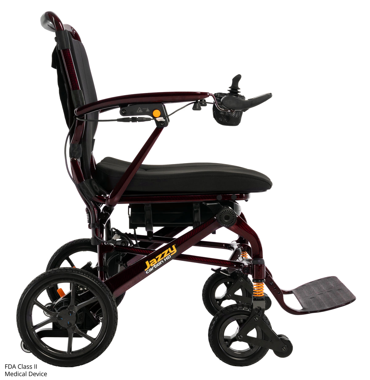 Pride Jazzy Carbon HD power wheelchair, left side profile view, black cherry