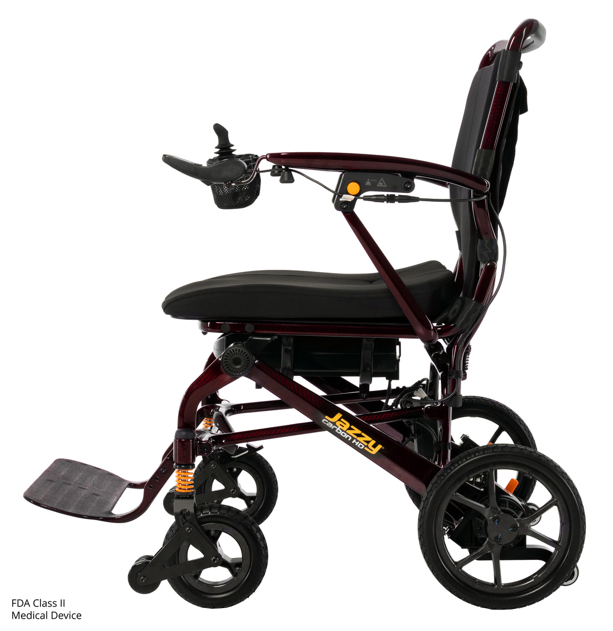 Pride Jazzy Carbon HD power wheelchair, right side profile view, black cherry