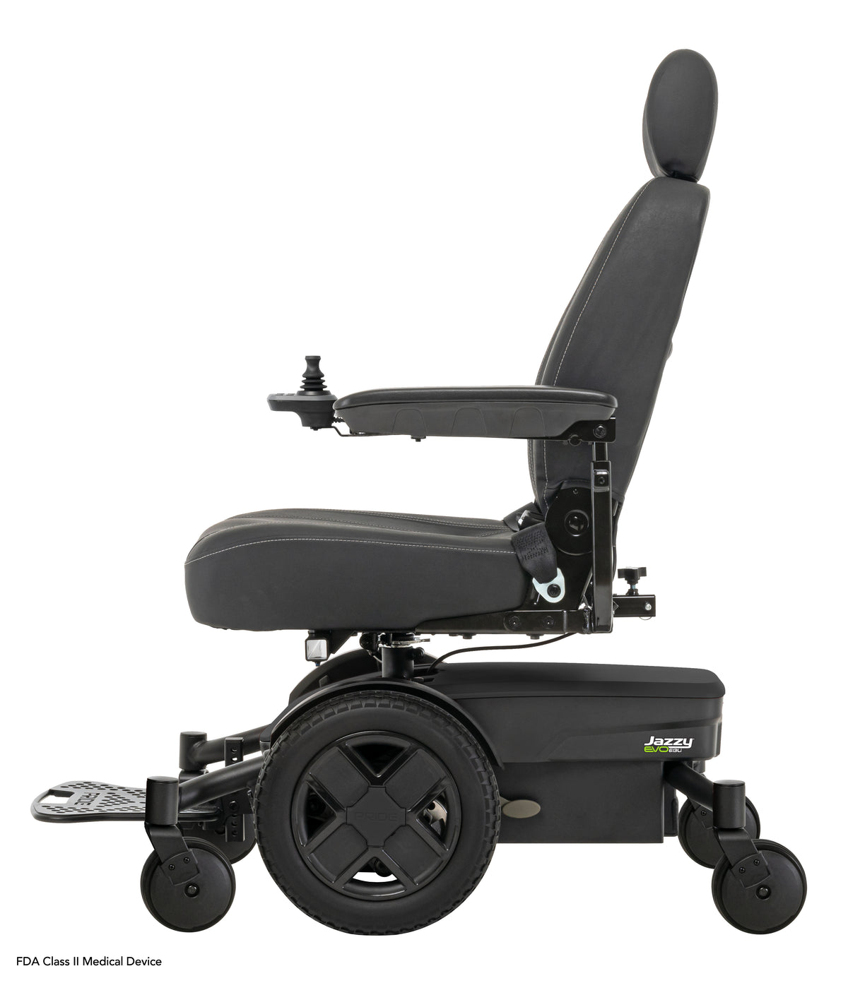Pride Jazzy EVO 613 SLA power wheelchair, left side profile view, black
