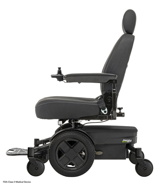Pride Jazzy EVO 613 SLA power wheelchair, left side profile view, black