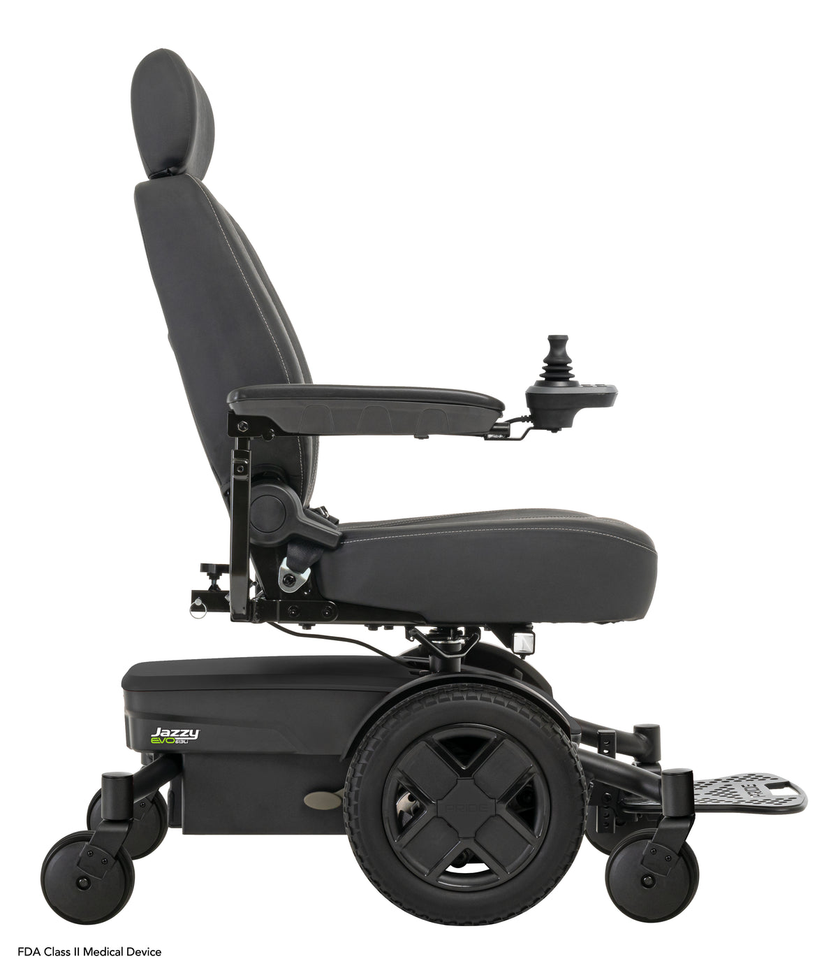 Pride Jazzy EVO 613 SLA power wheelchair, right side profile view, black
