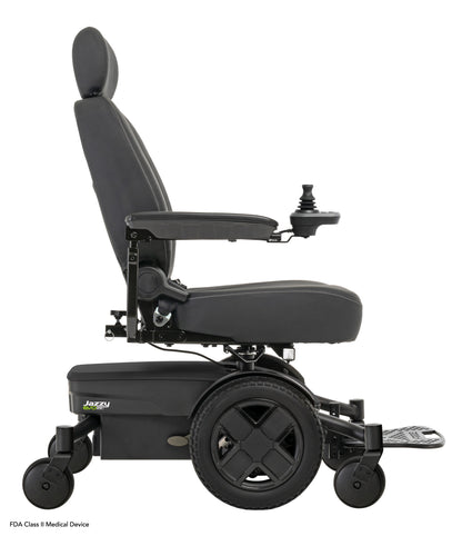Pride Jazzy EVO 613 SLA power wheelchair, right side profile view, black