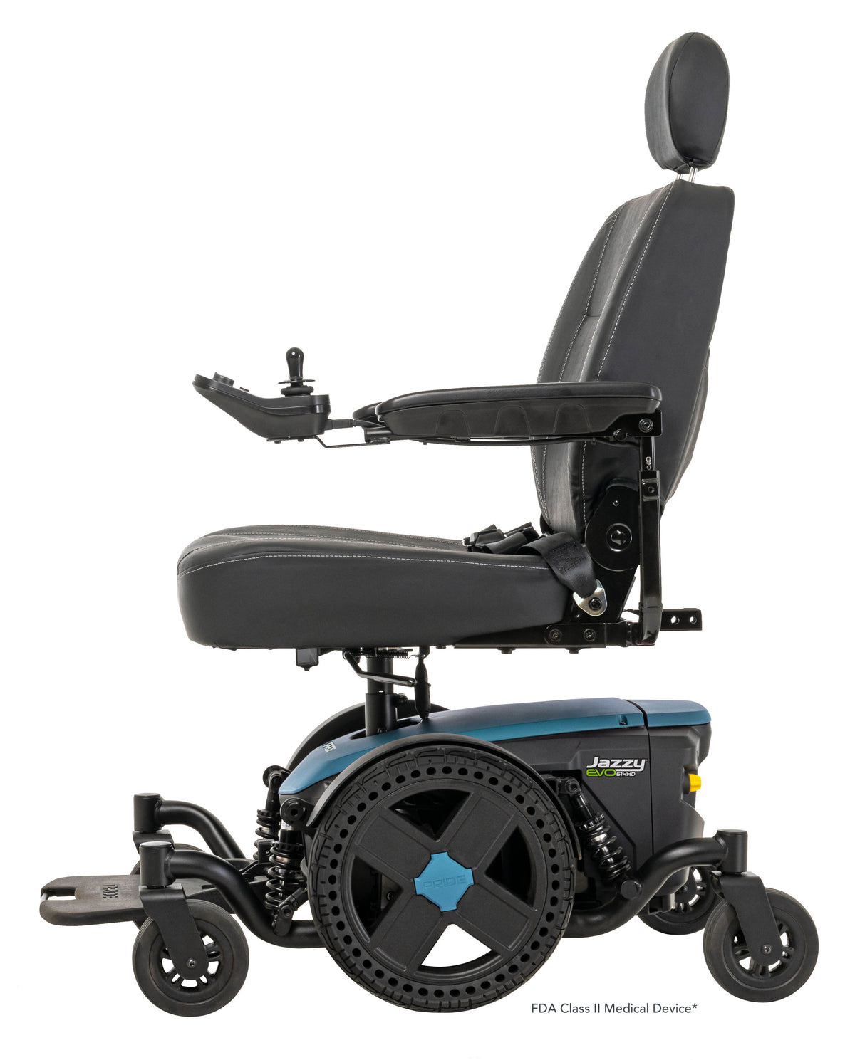 Pride Jazzy EVO 614HD power wheelchair, left side profile view, iceberg blue