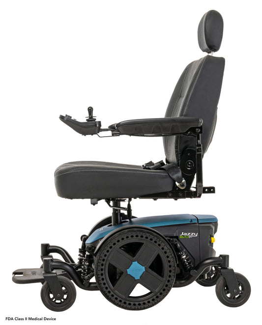Pride Jazzy EVO 614 power wheelchair, left side profile view, iceberg blue