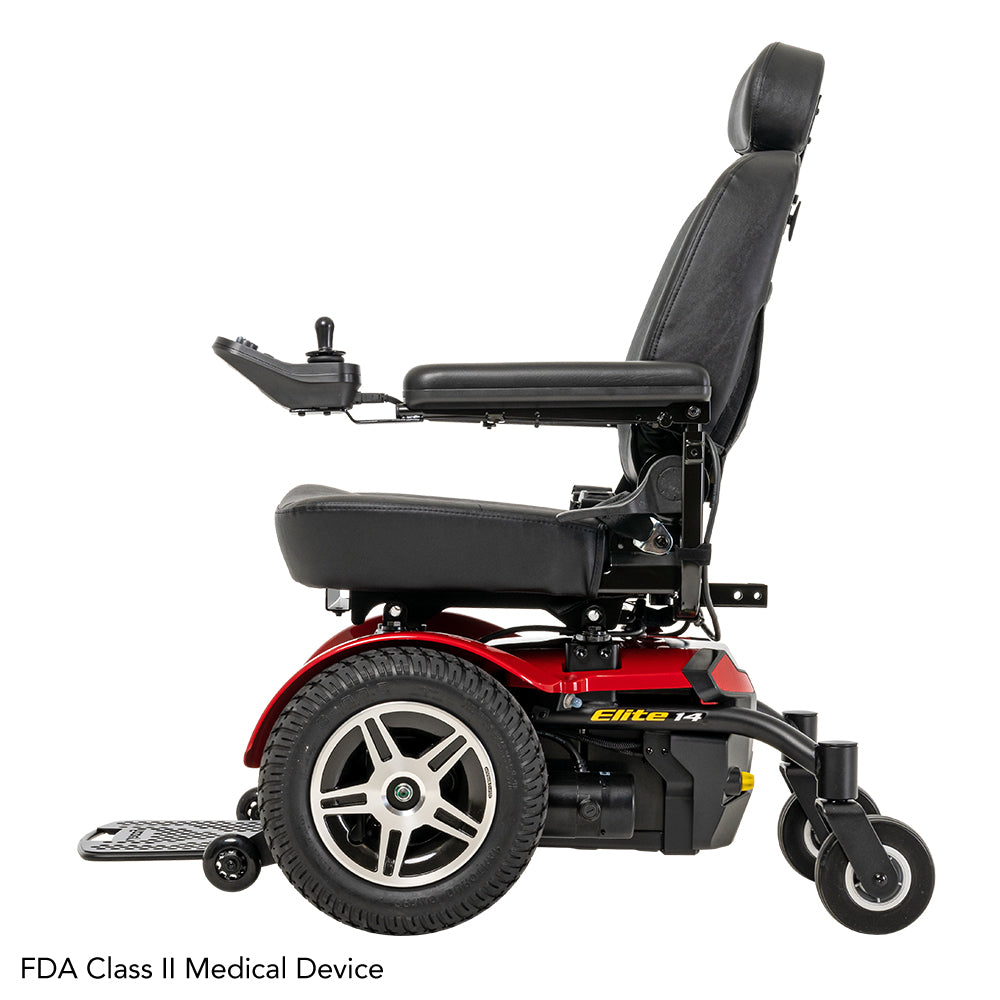 Pride Jazzy Elite 14 power wheelchair, left side profile view, red